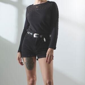 Ann Taylor LOFT Crewneck Longsleeve Black Eyelet Tee Top Size XS